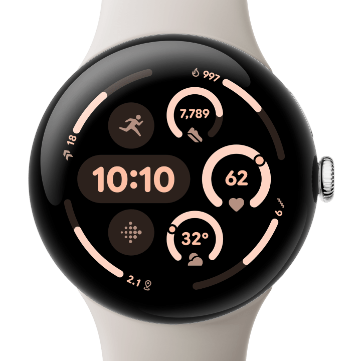 Front view of the Pixel Watch 3 45mm with Polished Silver Aluminum Case / Porcelain Active Band