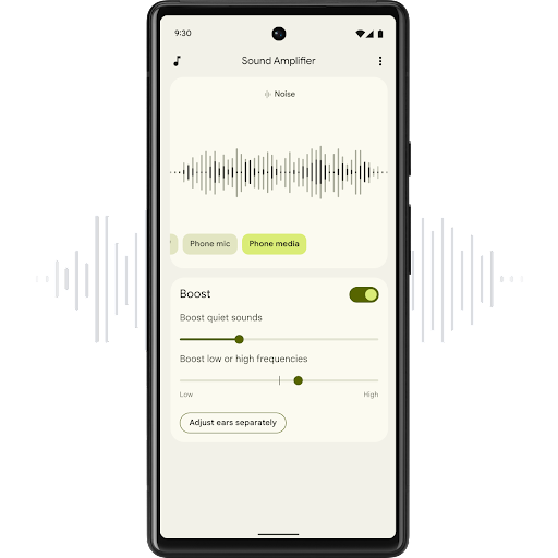 Android phone with the Sound Amplifier page open. At the top of the screen shows the sound amplification waves with short and long lines. Below shows 'phone media' highlighted. Setting options below read: 'Boost quiet sounds. Boost low or high frequencies'. Second option button below reads 'Adjust ears separately'.