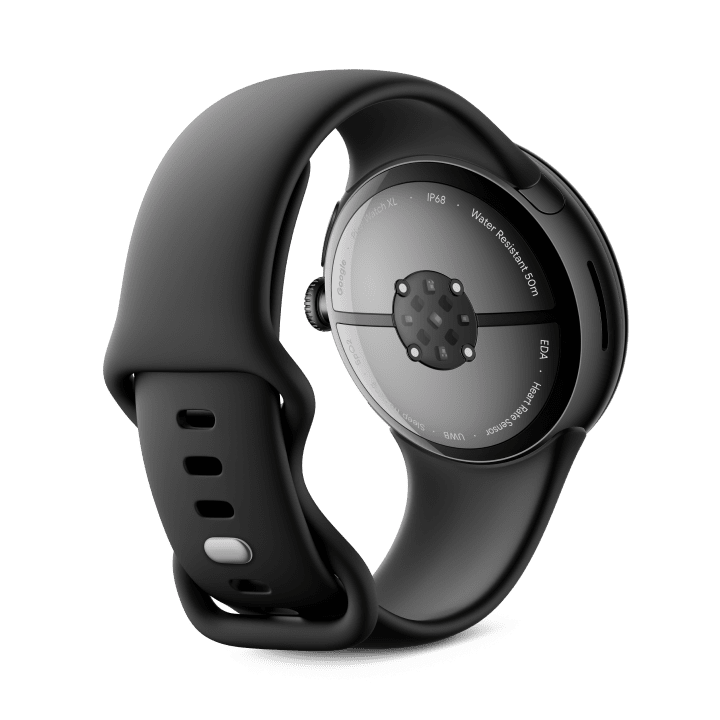 Back view of the Pixel Watch 3 45mm with Matte Hazel Aluminum Case / Hazel Active Band