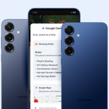 Two Samsung Galaxy S25+ phones face backwards. One faces forward. On its screen a Google Gemini overlay reads: “Sure, saved as a Note.” Below is a Samsung Note with a list of places.