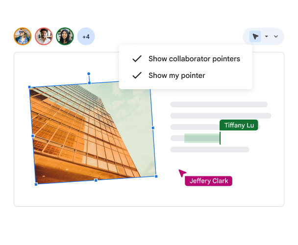 Um usuário pode selecionar a opção para mostrar seus próprios ponteiros e dos colaboradores em um slide para que todos saibam exatamente quem está fazendo o quê.