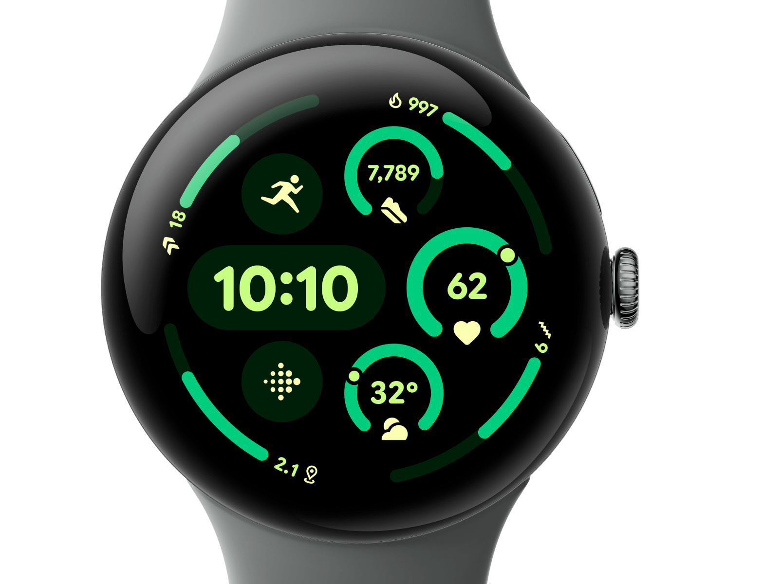 Front view of the Pixel Watch 3 45mm with Matte Hazel Aluminum Case / Hazel Active Band