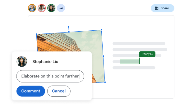 Interface utilisateur de Google Docs montrant plusieurs personnes qui collaborent sur un document et laissent des commentaires 