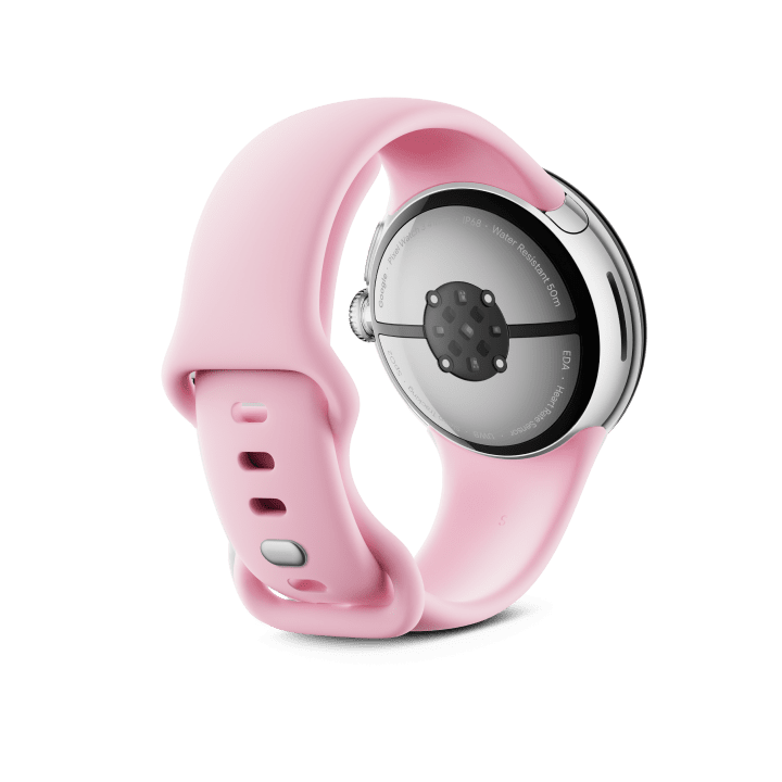 Back view of the Pixel Watch 3 41mm with Polished Silver Aluminum Case / Rose Quartz Active Band