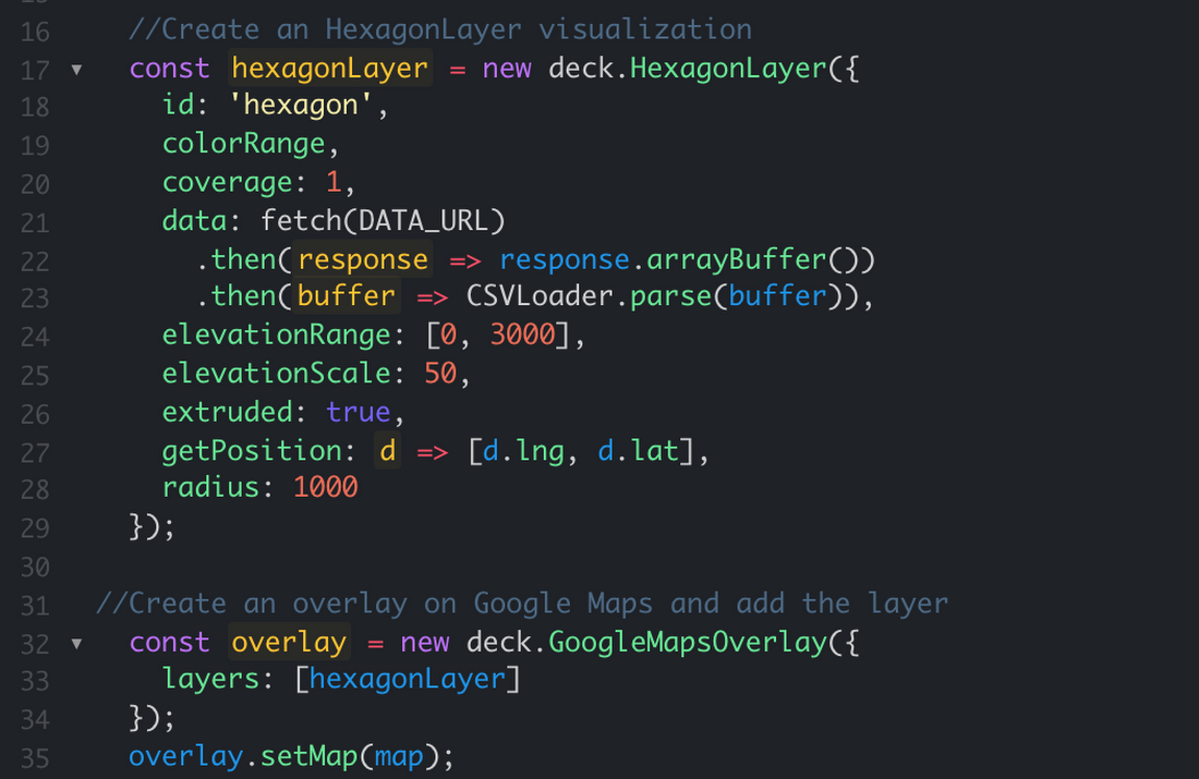 DeckGL code example for hexagons 