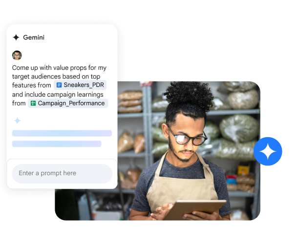 رجل في مخبز يستخدم "Gemini في Google Workspace" للمساعدة في إنشاء جدول لتلخيص إيرادات مبيعات الربع الأول
