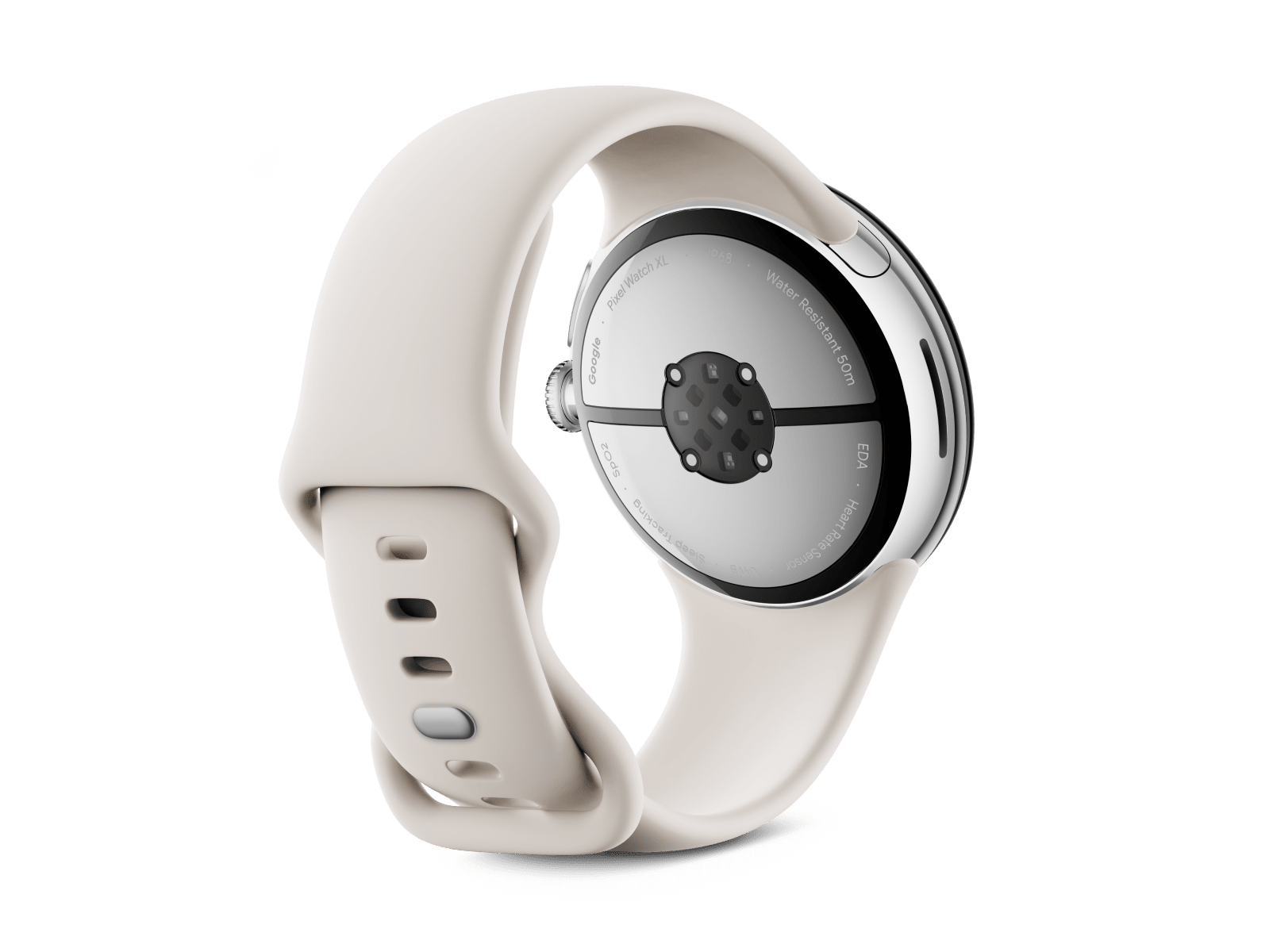 Back view of the Pixel Watch 3 45mm with Polished Silver Aluminum Case / Porcelain Active Band