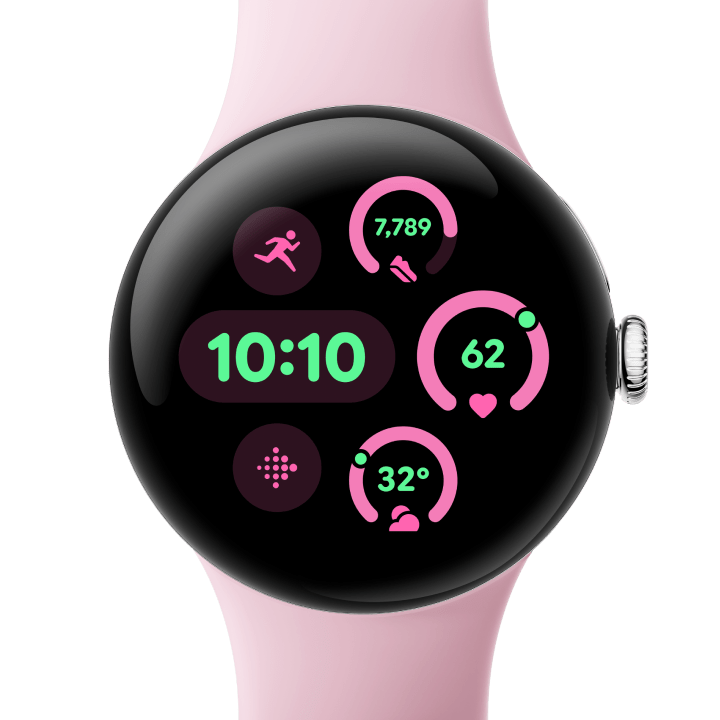 Front view of the Pixel Watch 3 41mm with Polished Silver Aluminum Case / Rose Quartz Active Band