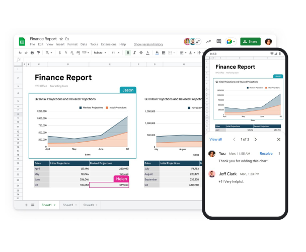 Se muestra una hoja de cálculo de Google titulada “Informe financiero” en una laptop y en una pantalla de un dispositivo móvil. 