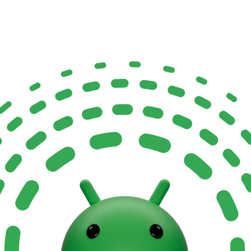 Green dotted lines form a protective arch above the green Android robot logo.