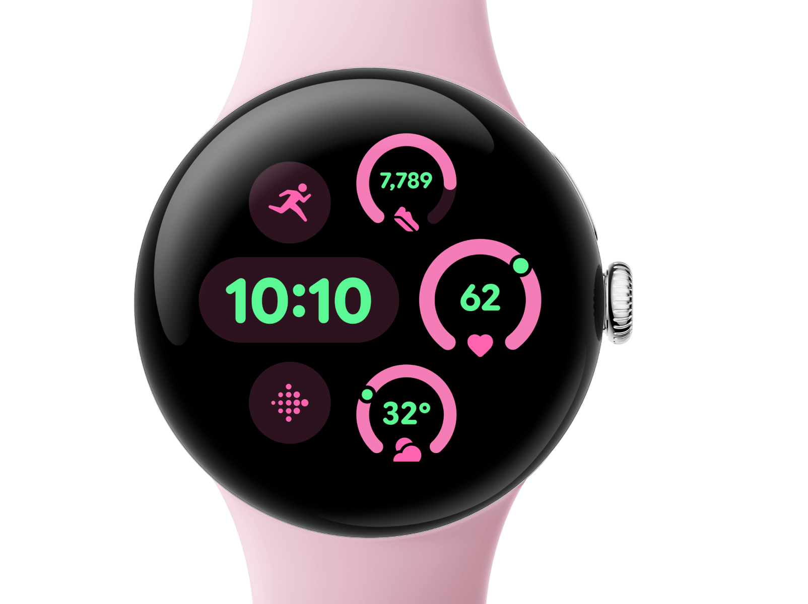 Front view of the Pixel Watch 3 41mm with Polished Silver Aluminum Case / Rose Quartz Active Band