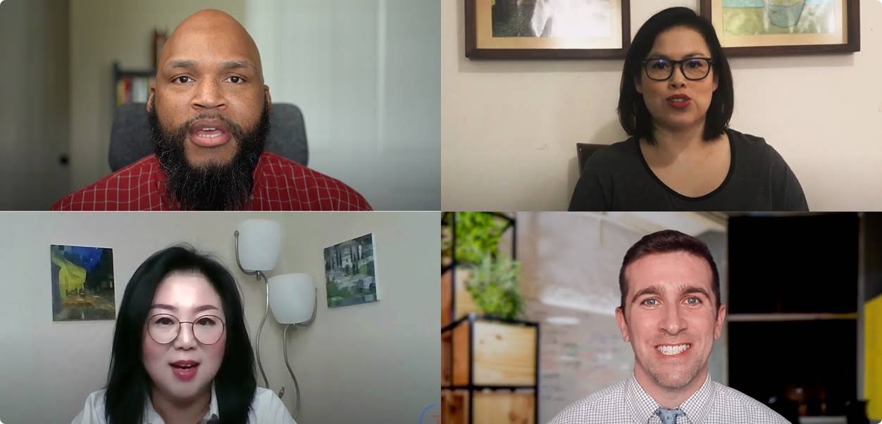 Image of an online meeting taking place with four participants including two men and two women in their home offices.