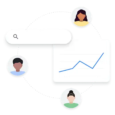 Bild som visar tre användare runt en sökfråga för att illustrera skillnaderna mellan dem och ett linjediagram som visar målgruppsintresse.