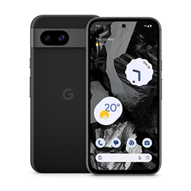 The front and back of a Google Pixel 8a phone.