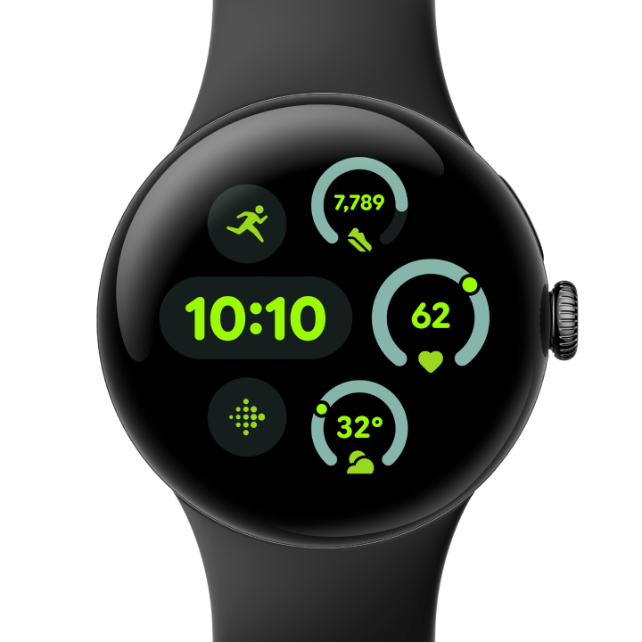 Front view of the Pixel Watch 3 41mm with Matte Black Aluminum Case / Obsidian Active Band