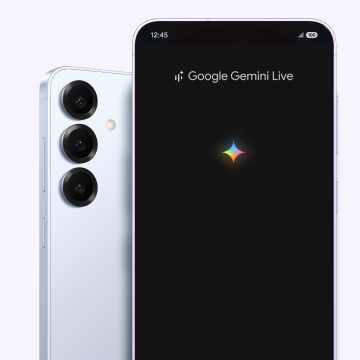 One Samsung Galaxy S25 phone faces backwards. Another one faces forward, its screen lit up with a colorful animation for “Google Gemini Live.”