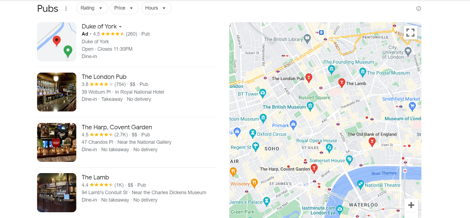 Search results for Pub London on Google Maps