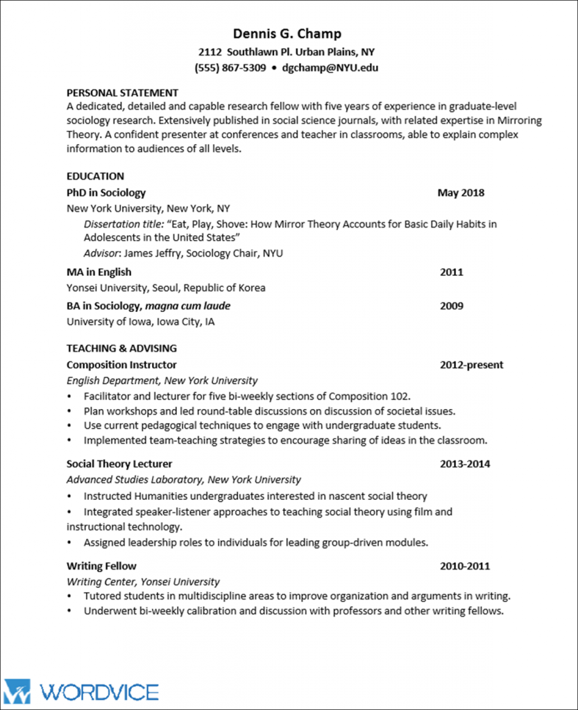 academic cv sample