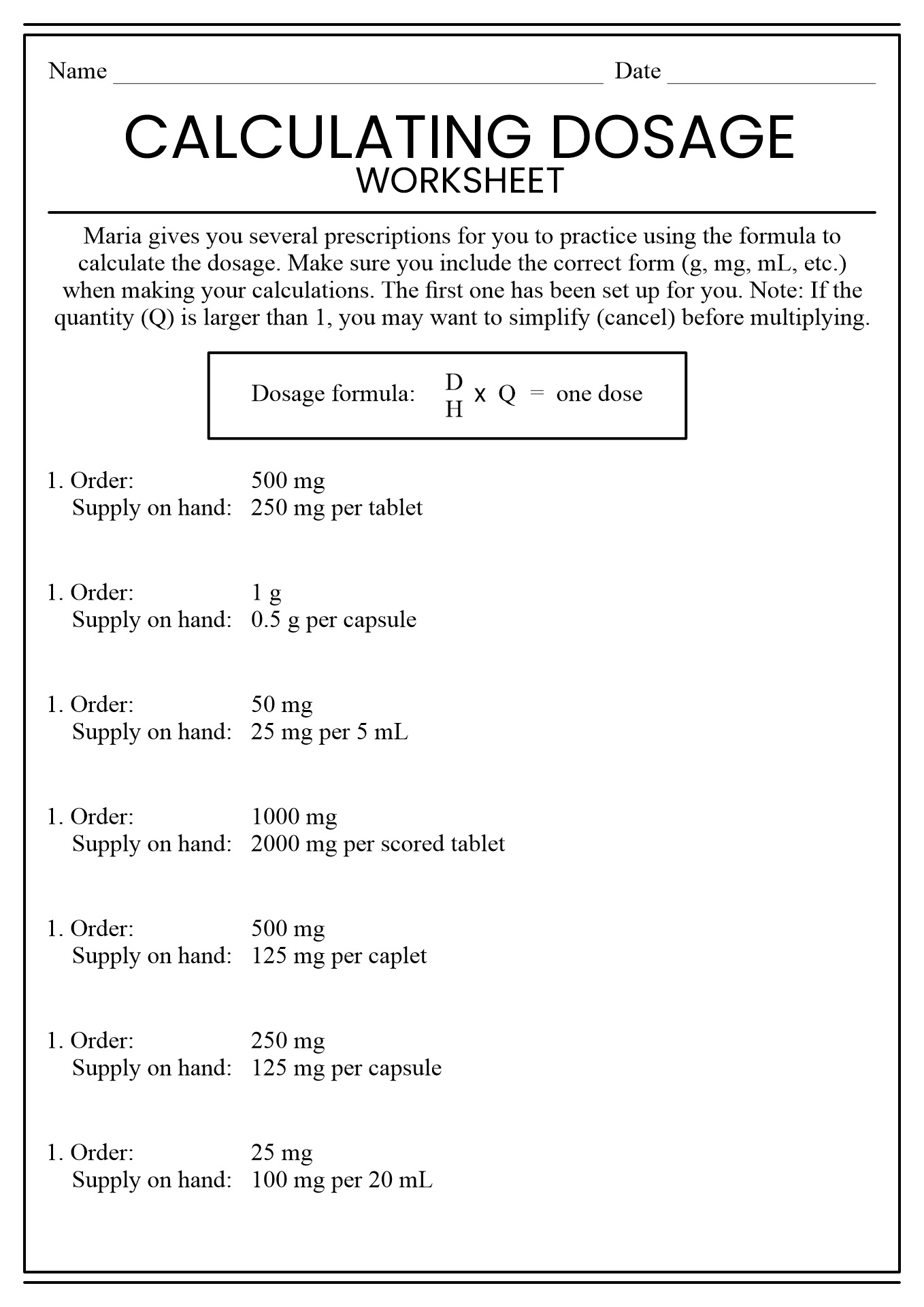 Printable Nursing Dosage Calculation Practice Worksheets