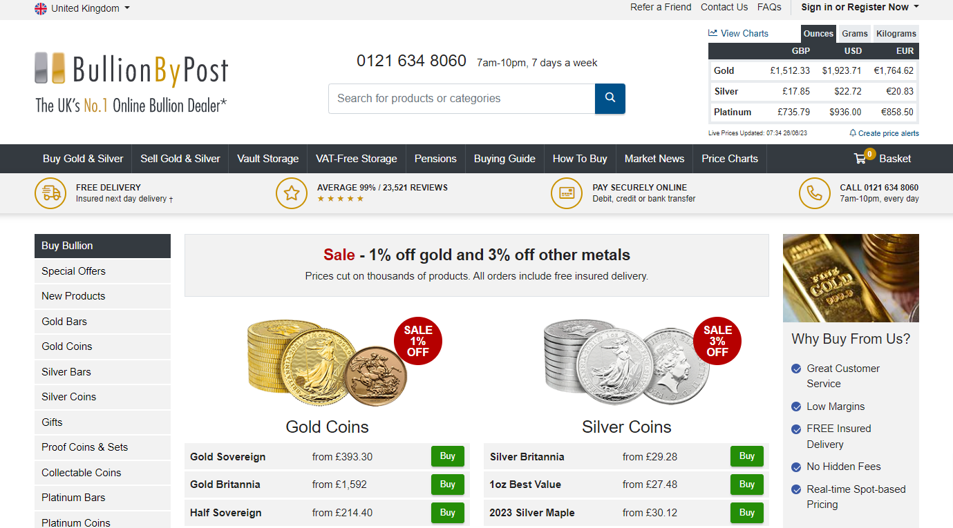 Website Home Page of Bullion By Post 