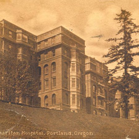 Sepia-toned postcard of Good Samaritan Hospital, Portland, OR, 1912.