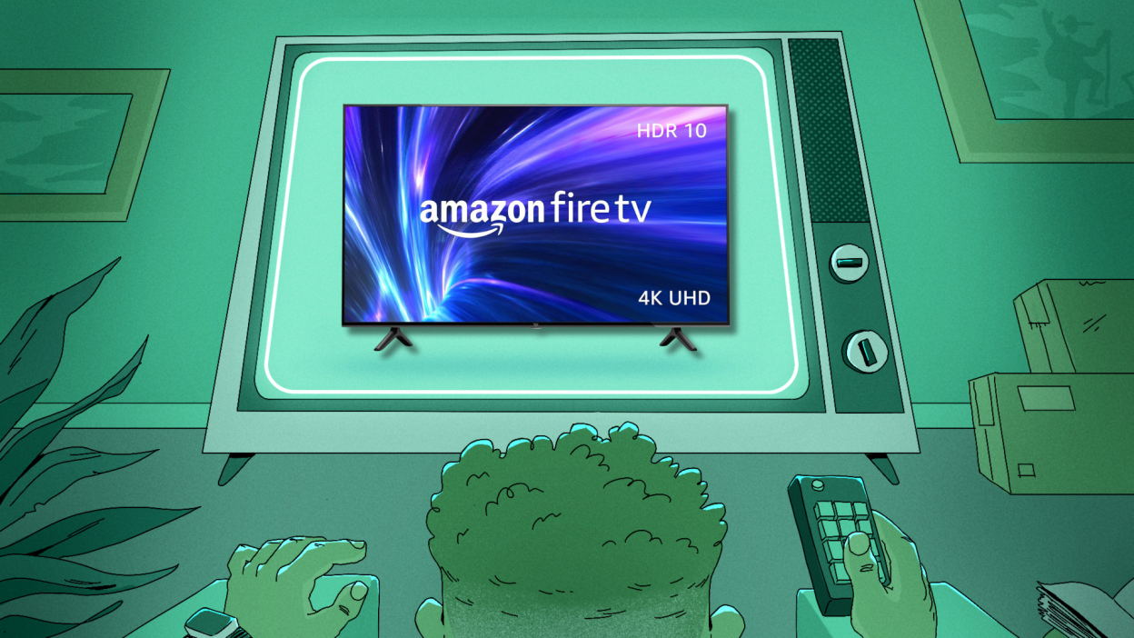 Man watching television screen displaying an Amazon Fire TV 50" 4-Series.