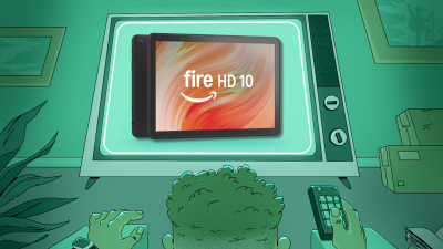 Man watching television screen displaying an Amazon Fire HD 10.