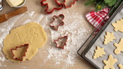 Sugar cookie dough on a floured countertop with cookie cutters.