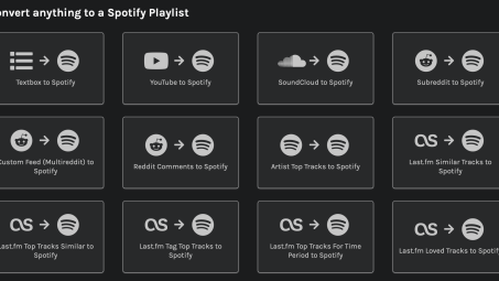 The Spotlistr user interface provides several playlist conversion options including textbox, YouTube, Reddit, and Last.fm