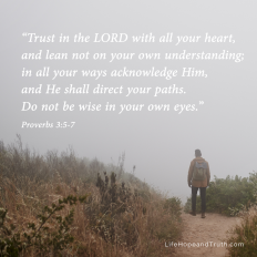 “Trust in the LORD with all your heart, and lean not on your own understanding; in all your ways acknowledge Him, and He shall direct your paths. Do not be wise in your own eyes.” 
