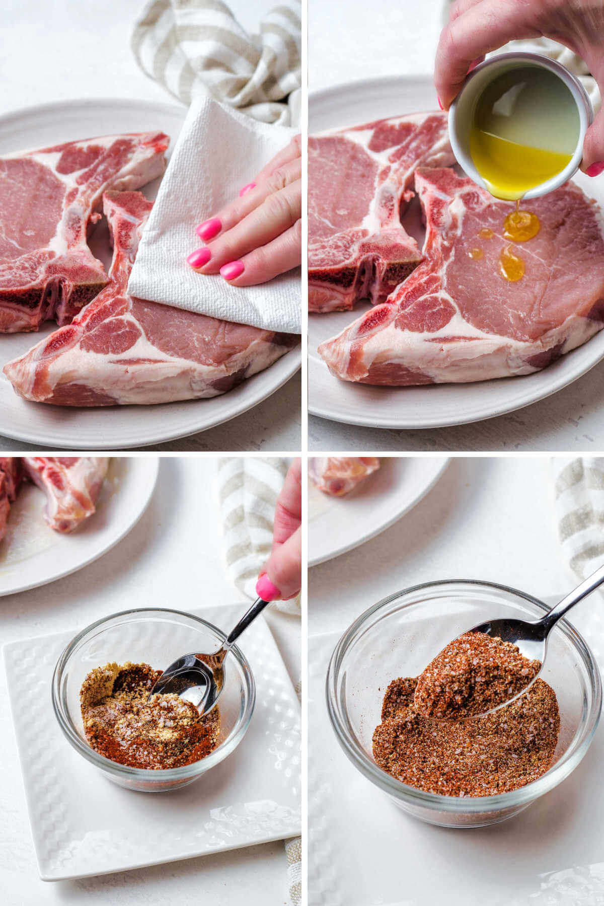 prepping pork chops for the air fryer; combining spices for a rub.