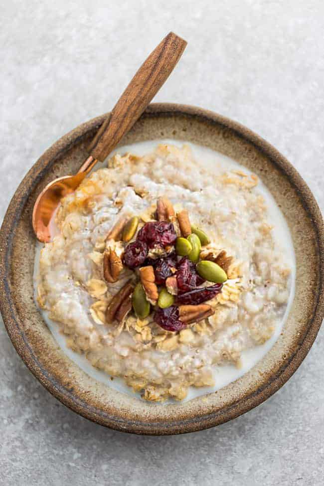 Steel Cut Oats - 6 Ways - healthy make-ahead steel cut oatmeal just perfect for busy mornings. Best of all, instructions to make in the Instant Pot pressure cooker or the stove-top and easy to customize with your favorite flavors. Flavors include Apple Cinnamon, Blueberry Almond, Carrot Cake, Peanut Butter Banana, Pumpkin and Strawberry Overnight Oatmeal.