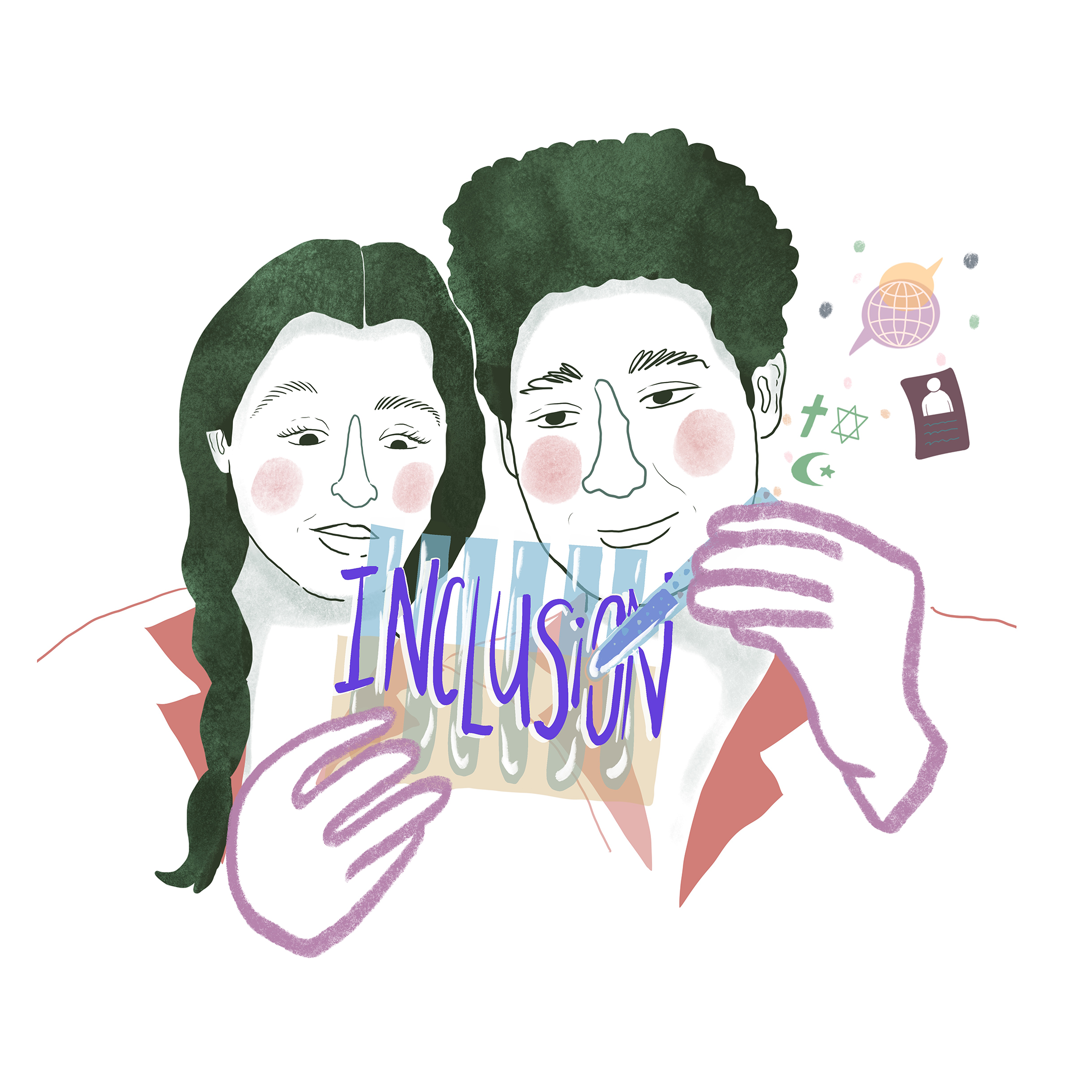 Visual of two people holding test tubes that look like a sign saying "inclusion". Visual de dos personas sosteniendo tubos de ensayo que parecen un cartel que dice "inclusión".