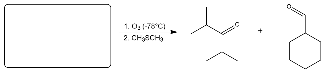 Ozonolysis reaction showing alkene conversion to ketone and aldehyde.