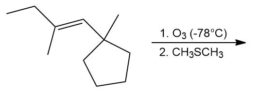 Alkene structure with ozone and dimethyl sulfide for ozonolysis reaction.