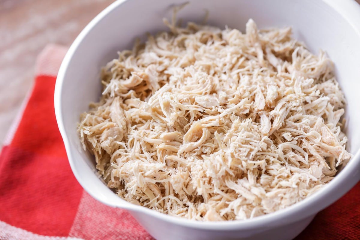 Shredded chicken used in white chicken chili recipe.