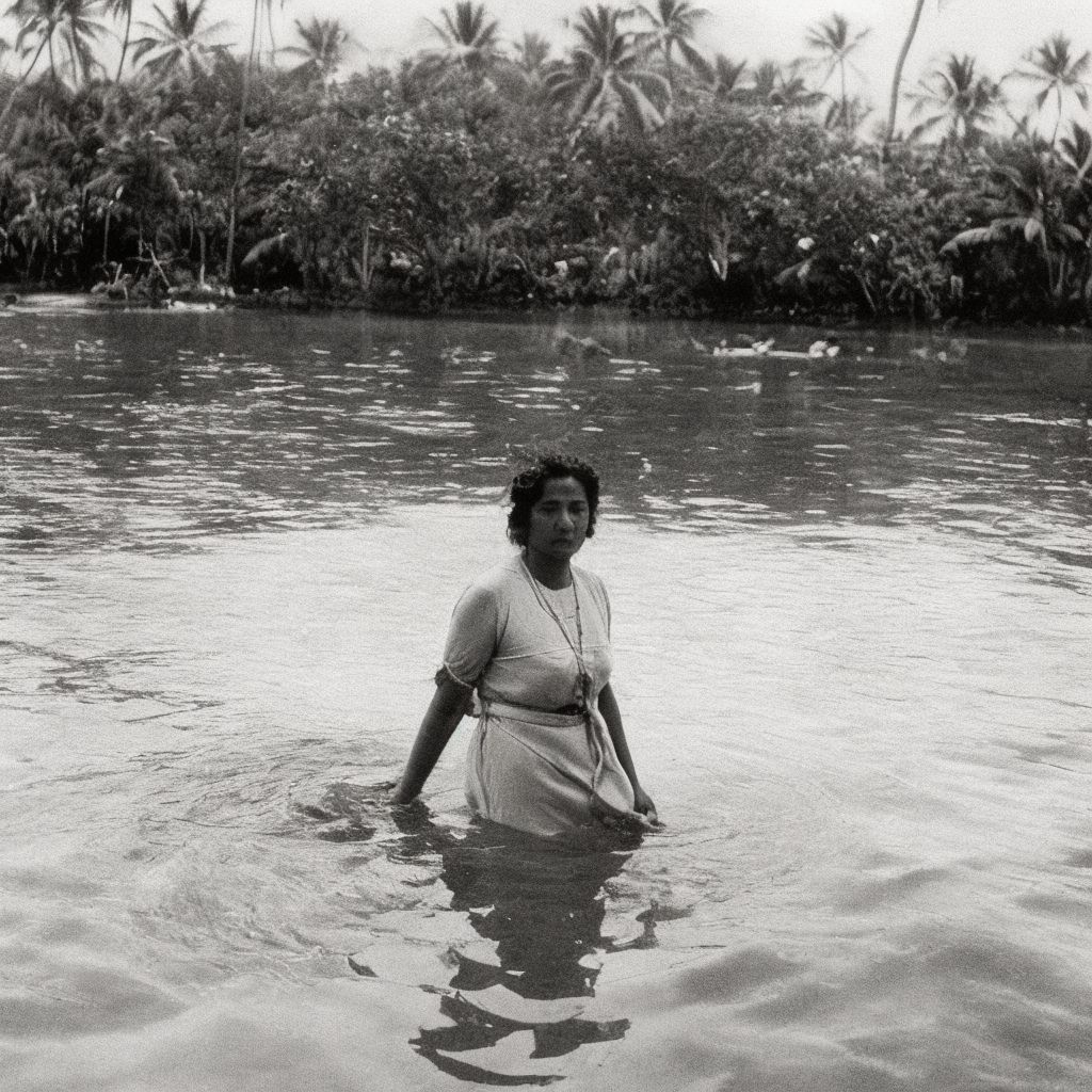 Black and white photo with a woman in the water