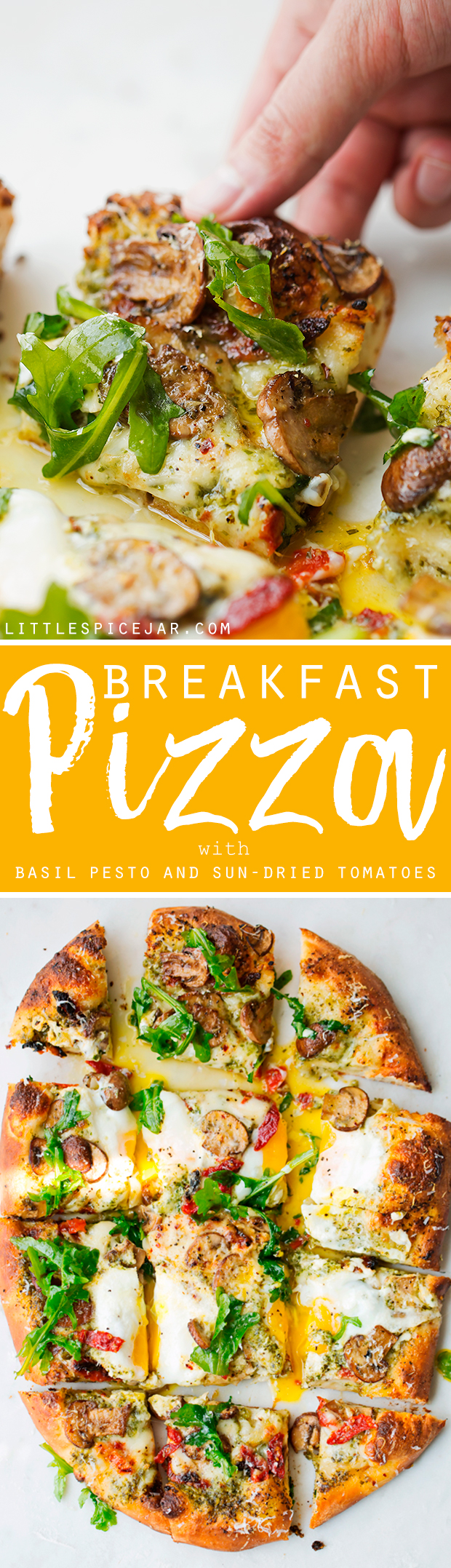 Breakfast Pizza with Basil Pesto and Sun-Dried Tomatoes - a simple breakfast pizza that's topped with fresh eggs and it's so good! #breakfast #breakfastpizza #pizza #pizzanight | Littlespicejar.com