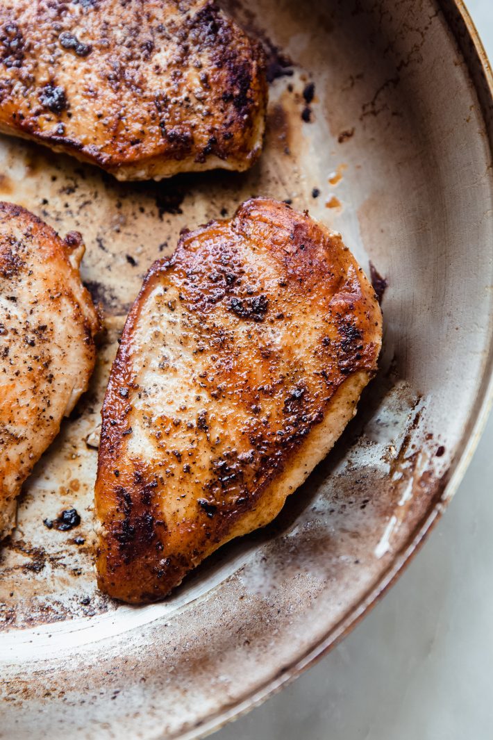 seared chicken breast in skillet