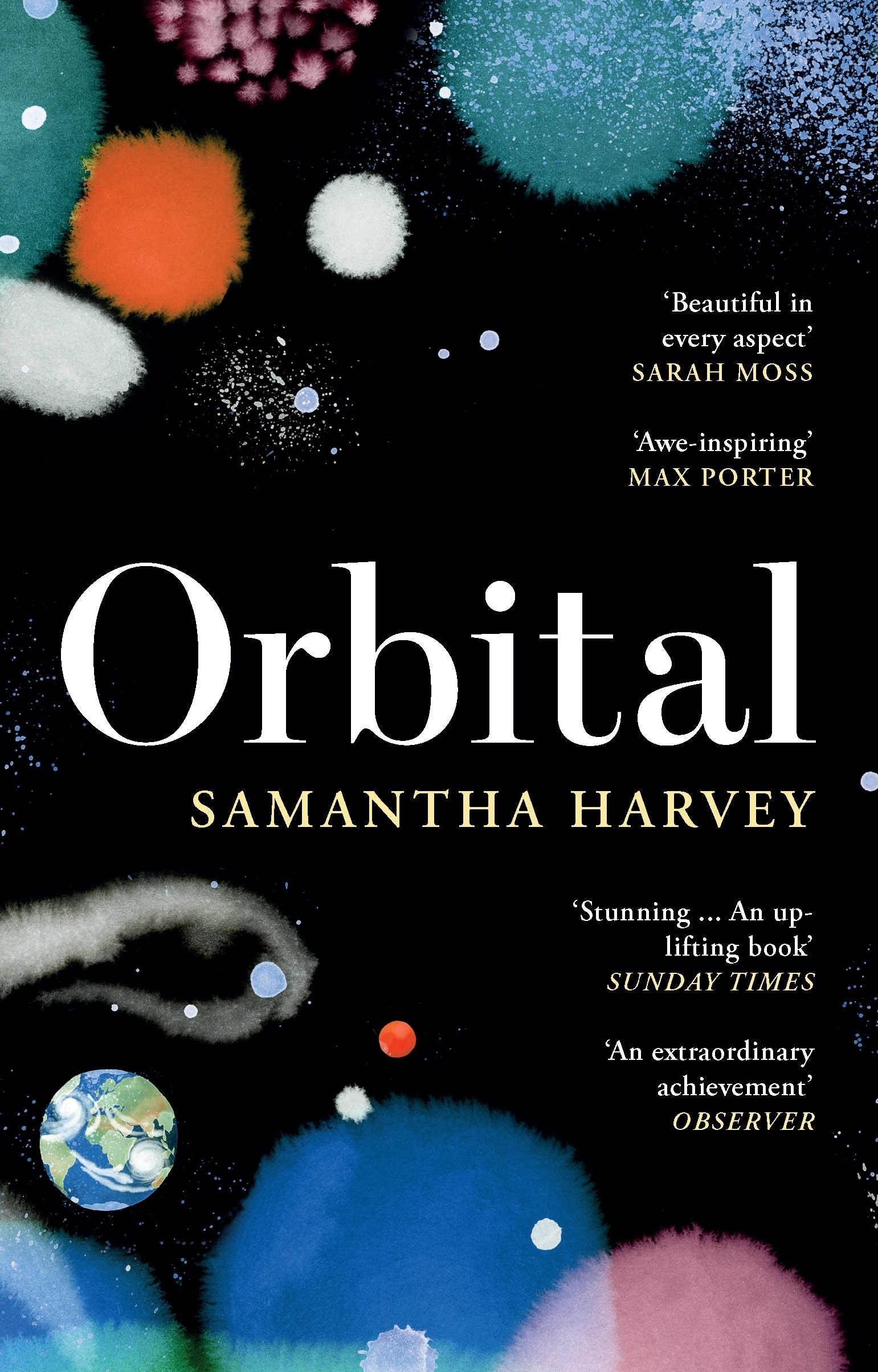 A book cover showing round splotches of colour - including Earth - on a black background