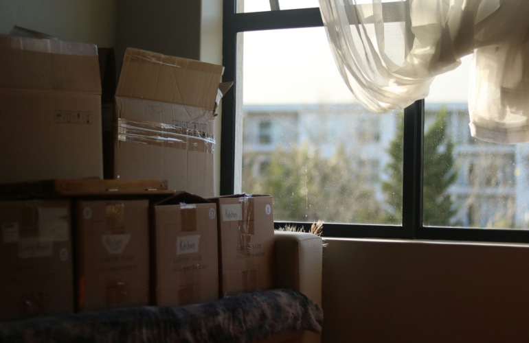 boxes by a window