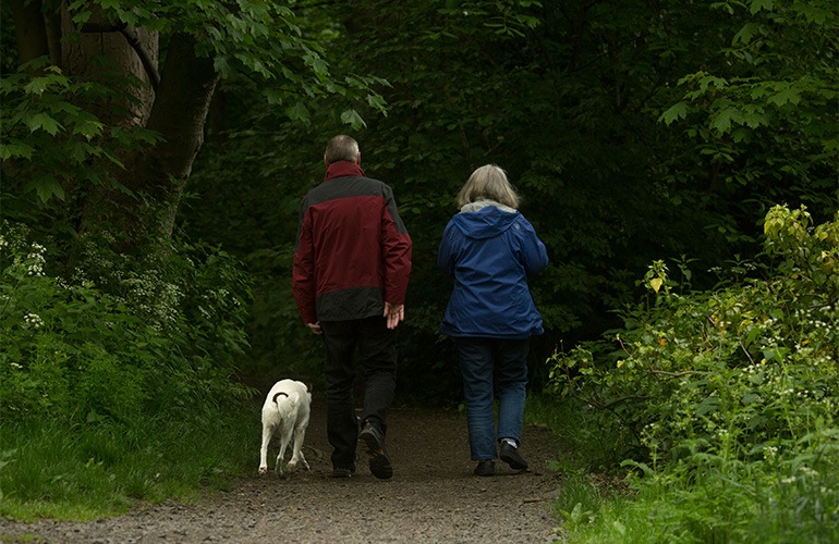 a couple walking a dog in the outdoors