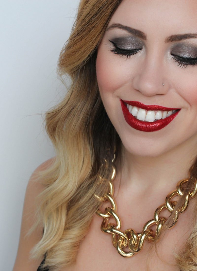 red glitter lipstick festive holiday nye makeup