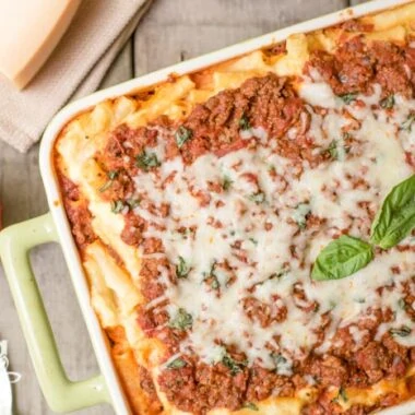 Baked ziti in a casserole dish