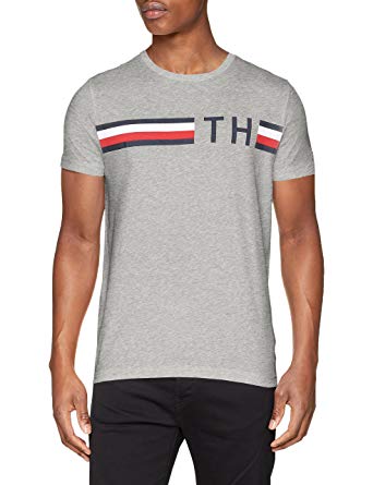 Tommy Hilfiger Th Logo - Tommy Hilfiger Men's Striped Logo Graphic Tee T Shirt, Grey Cloud