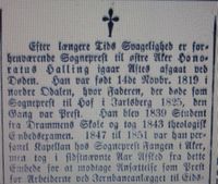 Faksimile fra Aftenposten 10. april 1886: Utsnitt av omtale av Hallings død.