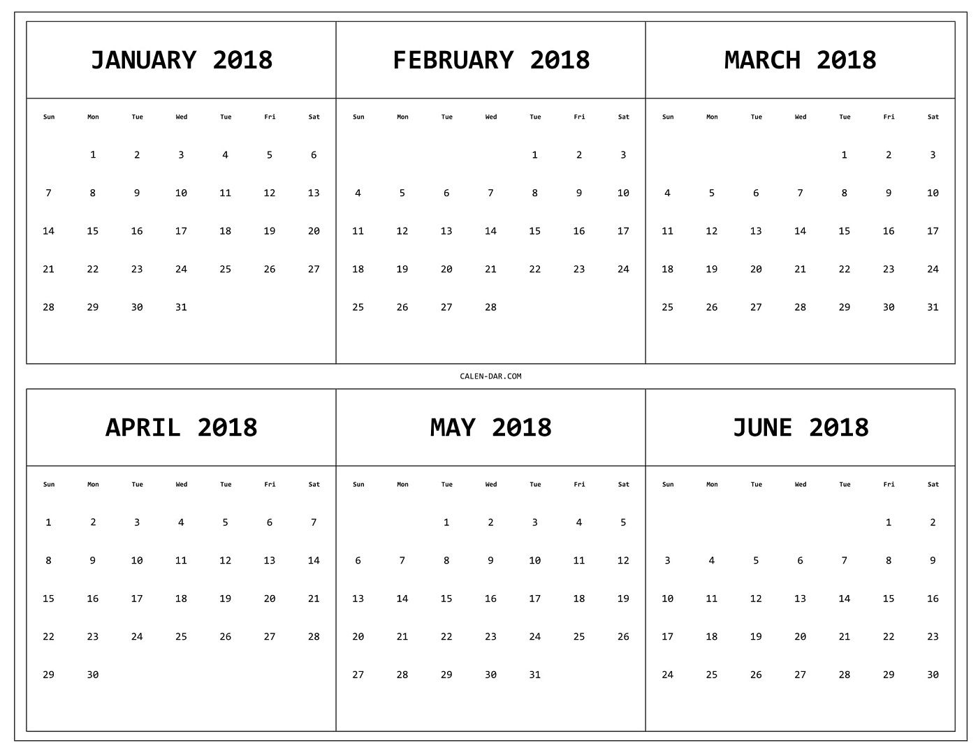 Six Month Calendar Printable