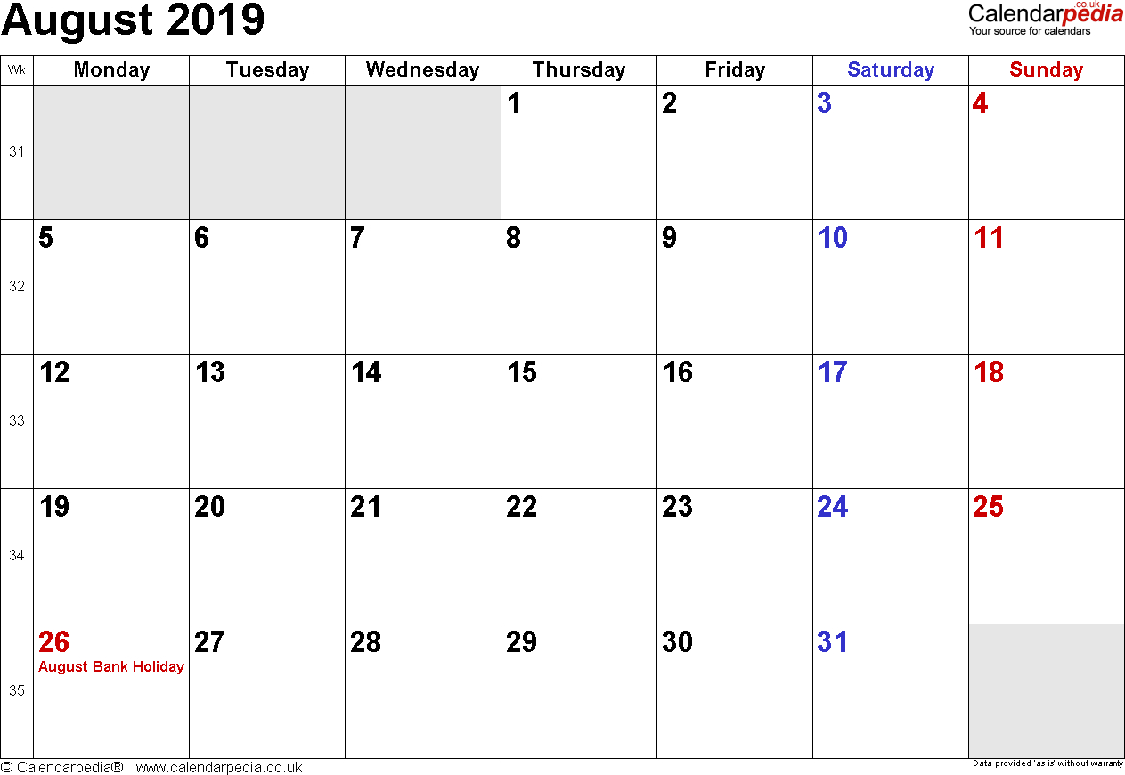 Calendar August 2019 Uk, Bank Holidays, Excel/pdf/word Templates