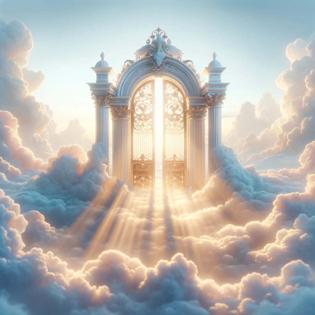 A serene and ethereal scene depicting the Gates of Heaven, majestically set amidst fluffy, luminous clouds. The gates are ornately designed, glowing with a soft, golden light that radiates a sense of peace and divinity. The surrounding clouds are bathed in a gentle, pastel-colored light, creating a dreamlike ambiance. Rays of heavenly light filter through the clouds, highlighting the grandeur of the gates, which stand as a symbol of transition and ethereal beauty. The overall scene conveys a feeling of tranquility and awe.