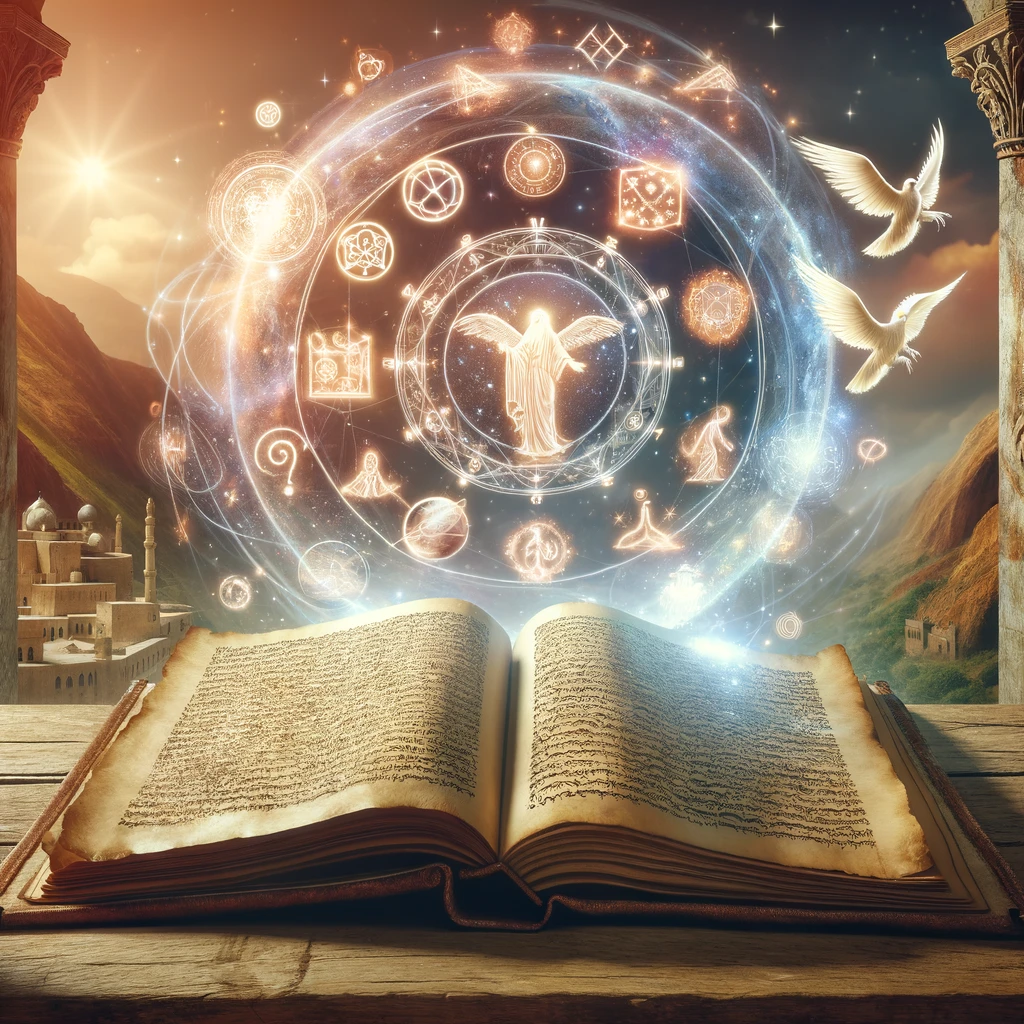 A symbolic representation of ancient prophecies and miracles, featuring an open ancient scroll with glowing symbols and illustrations depicting miraculous events, surrounded by a mystical aura in a serene, historical setting. The background should include subtle elements hinting at an ancient Middle Eastern landscape, with soft, ethereal lighting to convey a sense of wonder and the divine.